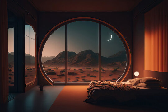 AI image of stylish bedroom with geometric windows in Mars