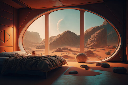 AI image of stylish bedroom with geometric window in Mars