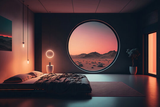 AI image of bedroom with window and comfortable bed overlooking dunes and mountains in Mars