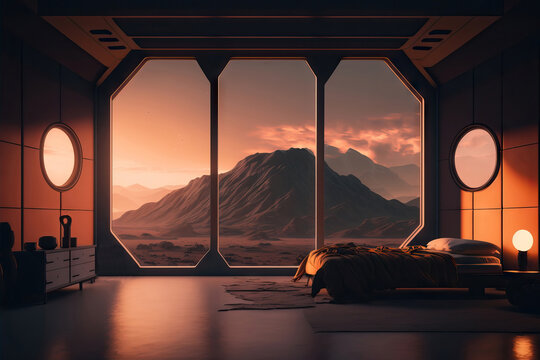 AI image of bedroom with window and comfortable bed overlooking dunes and mountains in Mars