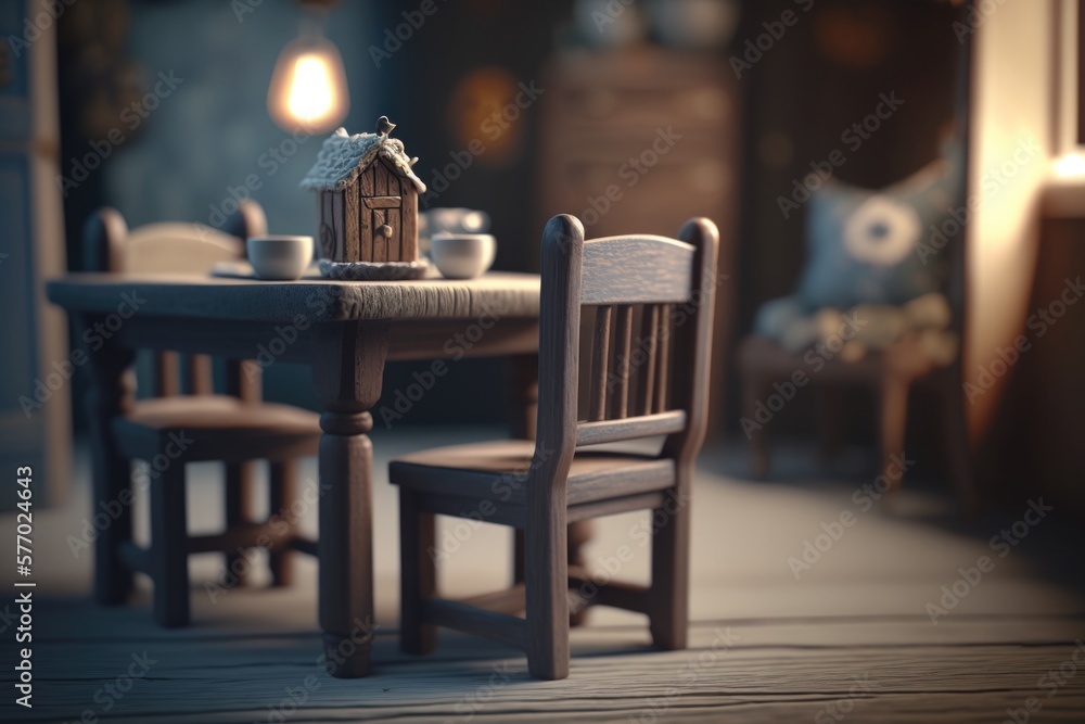 Poster a small wooden table with a small birdhouse on top of it next to a chair rendered in unreal 5 a tilt