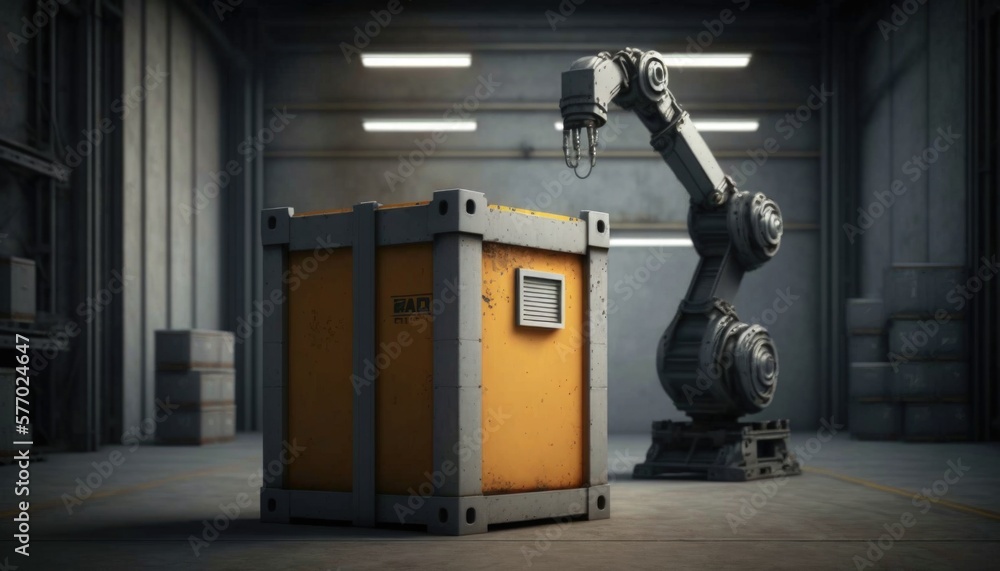 Poster a robot is standing next to a box in a warehouse with a light on it octane renderer an ambient occlu