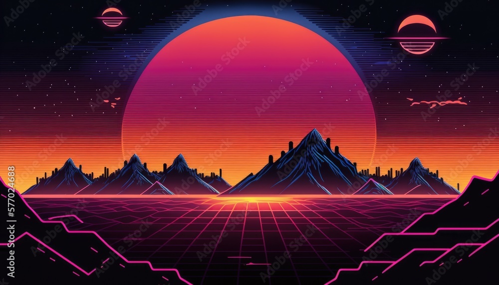 Aufkleber a retro - styled landscape with mountains and a sunset in the background with a bright sun synthwave
