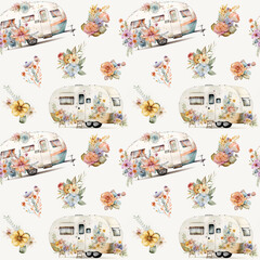 Seamless watercolor camping pattern, with a travel trailer and flowers on a light background, for printing on fabric, for scrapbooking