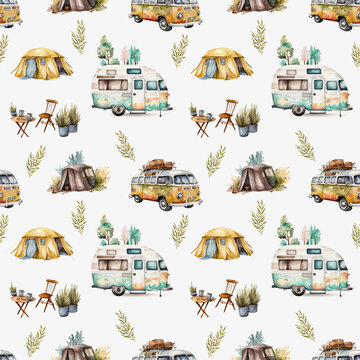  Seamless watercolor camping pattern, with a travel trailer on a blue background, for printing on fabric, for scrapbooking