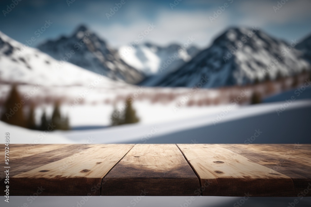 Poster a wooden table top with a mountain in the background with a blurry image of snow covered mountains d