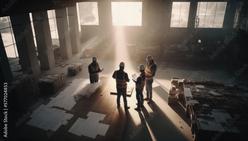 Poster three workers standing in a large room with boxes and boxes on the floor and a bright light coming t
