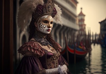 Obraz na płótnie Canvas Beautiful woman wearing a Venetian mask and elaborate gown during the world-famous carnival Generative AI