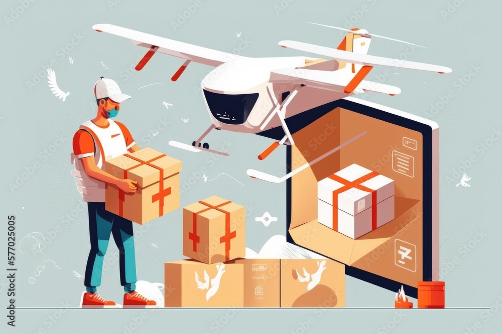 Poster a man in a helmet is unloading boxes from a plane and a box is on the ground editorial illustration 