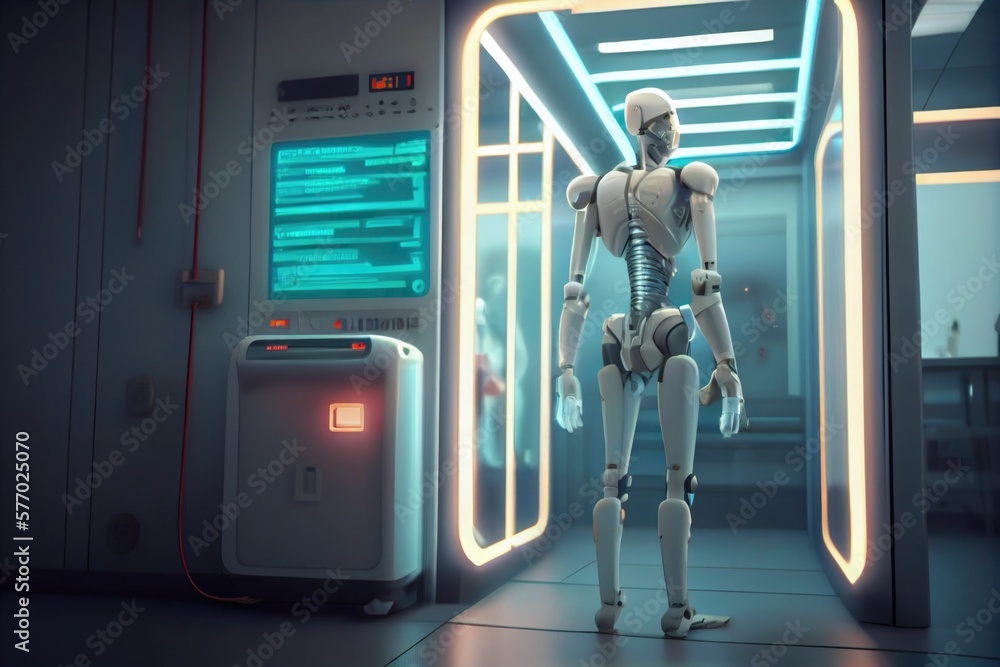 Poster a robot standing in a room with a neon light on the ceiling and a large screen behind it redshift re