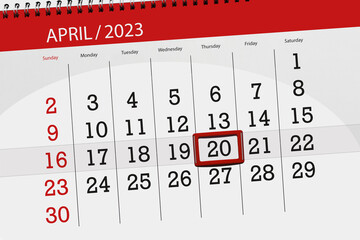 Calendar 2023, deadline, day, month, page, organizer, date, april, thursday, number 20