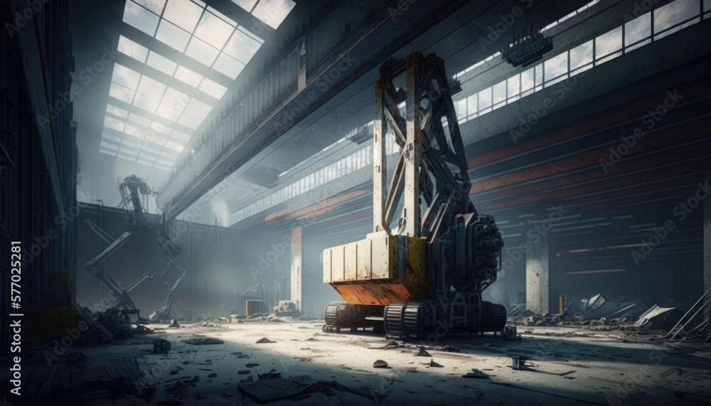 Poster a large crane in a large building with lots of windows and debris on the ground cryengine a screensh
