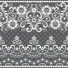 French lace seamless vector textile or fabric print pattern, ornamental repetitive design with flowers and swirls in white on gray background
