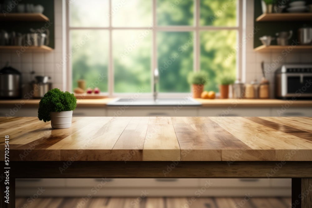 Poster a table with a potted plant on it in front of a window with a view of a kitchen unreal 5 highly rend