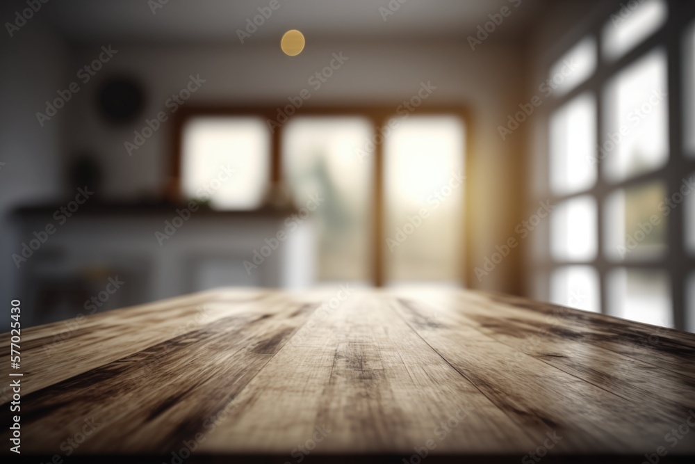 Poster a wooden table top in front of a window with a blurry background of a kitchen rendered in unreal 5 a