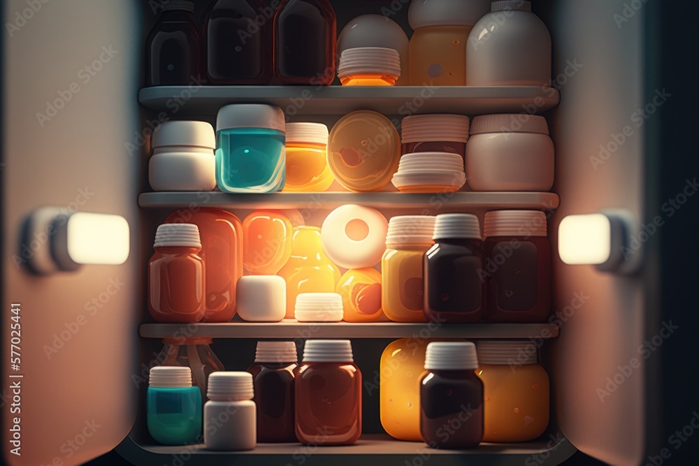 Aufkleber a refrigerator filled with lots of different types of liquid bottles and containers on shelves next 