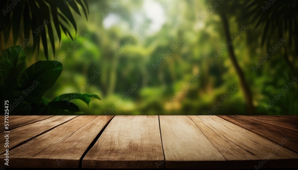 Aufkleber a wooden table with a blurry background of trees and plants in the background is a wood floor render