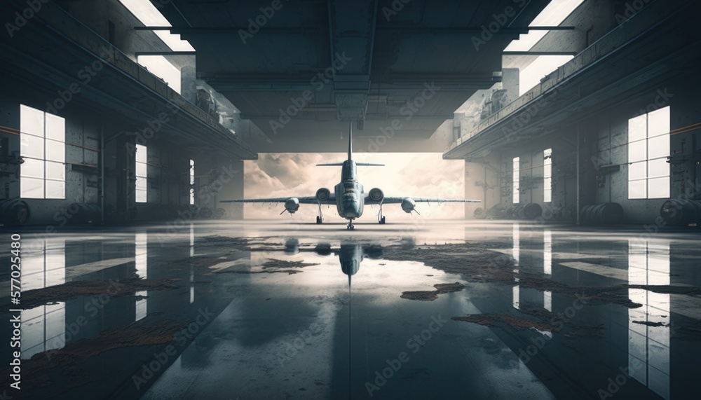 Poster a large airplane is parked in a large building with windows and a reflection of the plane octane ren