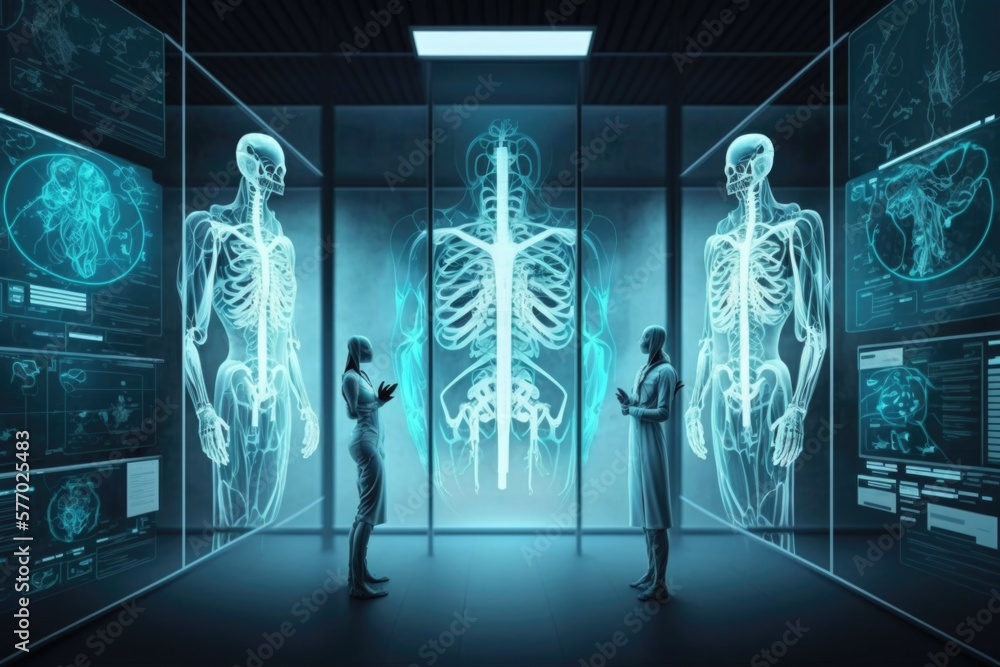Aufkleber two people standing in a room with a skeleton in the middle of it and a skeleton in the middle of th