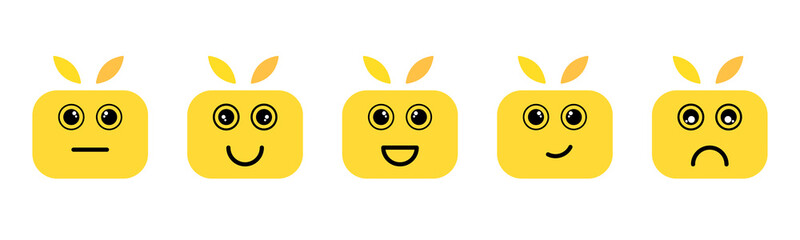 Cute yellow cartoon character with big eyes and long ears for kids in different face expressions. Happy, Sad, Laugh, Think emoji set. Emoticons with square yellow character vector illustrations set.