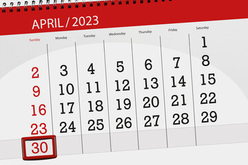 Calendar 2023, deadline, day, month, page, organizer, date, april, sunday, number 30