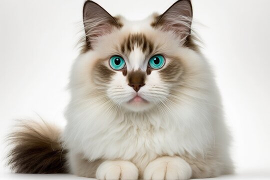 Charming adult mink Face on shot of a Ragdoll cat. Those mesmerizing, greenish aqua eyes stare straight at the camera. They lifted a paw at me playfully. Stands out against the pure white background