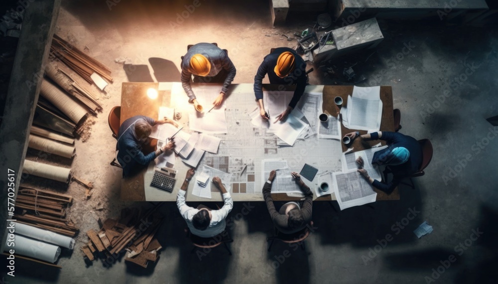 Poster a group of people sitting around a table working on papers and laptops in a factory blueprint a stoc
