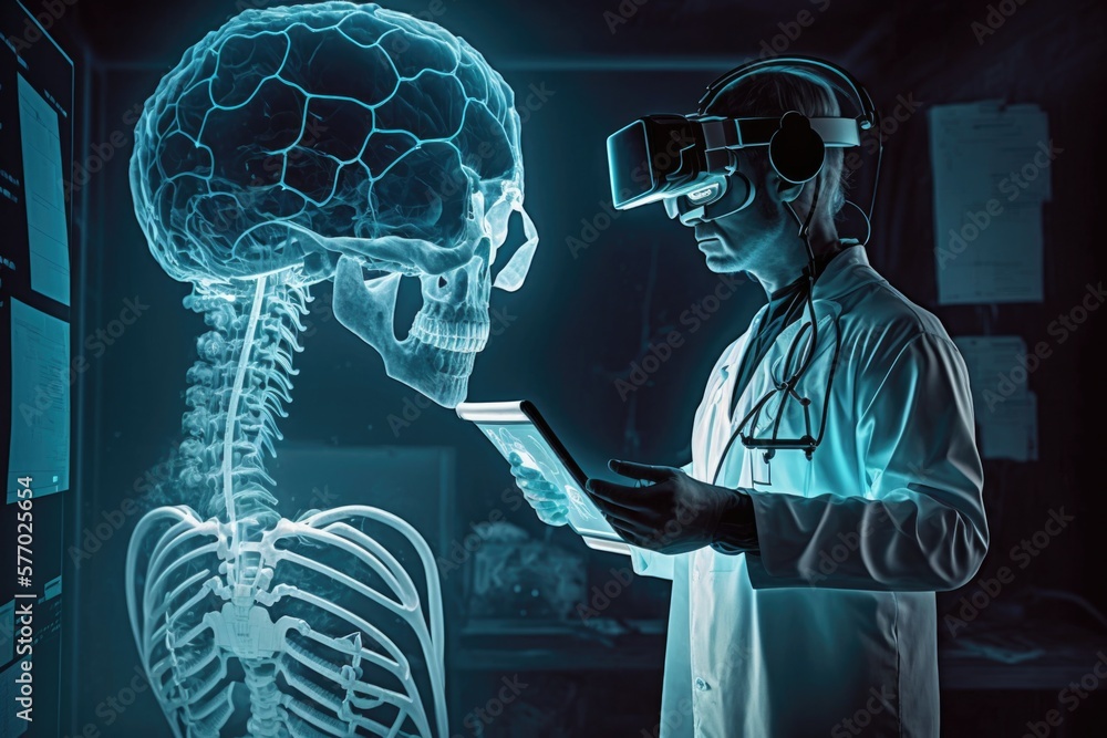 Poster a man in a lab looking at a computer screen with a skeleton in front of him biopunk a stock photo ho