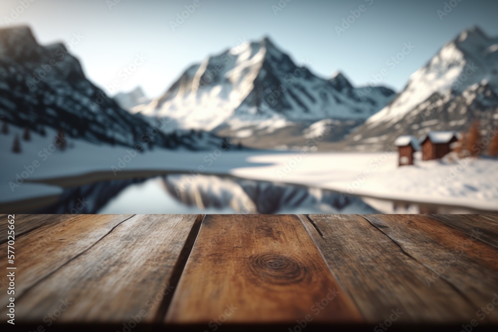 Poster a wooden table top with a mountain in the background with a lake in the foreground 8 k render a 3d r