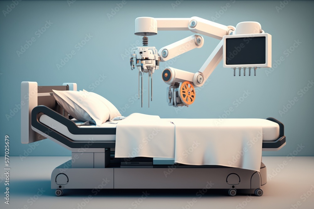 Poster a hospital bed with a monitor and a medical machine attached to it's head cybernetics a computer ren