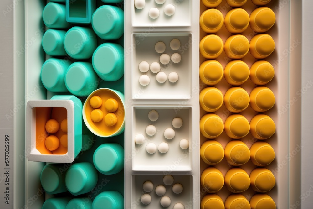 Poster a box of different colored plastic objects in a box with a white container and a yellow container oc