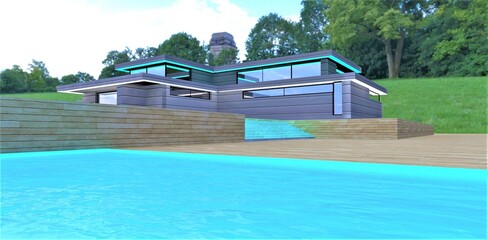 Elegant modern mansion with day illumination. View from the swimming pool. Amazing dense park on the background. 3d rendering.