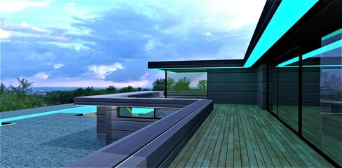 Nice wooden floor of the stylish terrace with big sliding door. Turquoise day illumination as a decor. Pavement made of natural granite in the yard. Tree crowns below. 3d rendering.