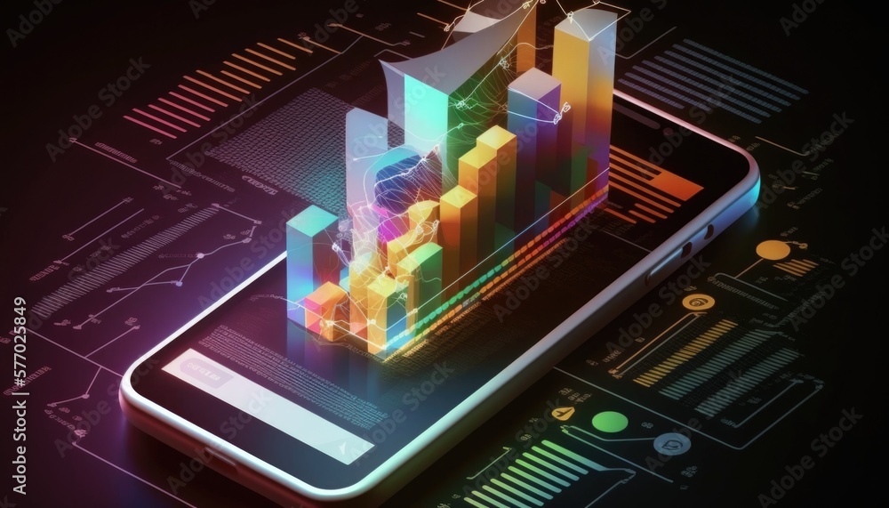 Poster a smartphone with a colorful bar chart on it's screen and a dark background technology computer grap