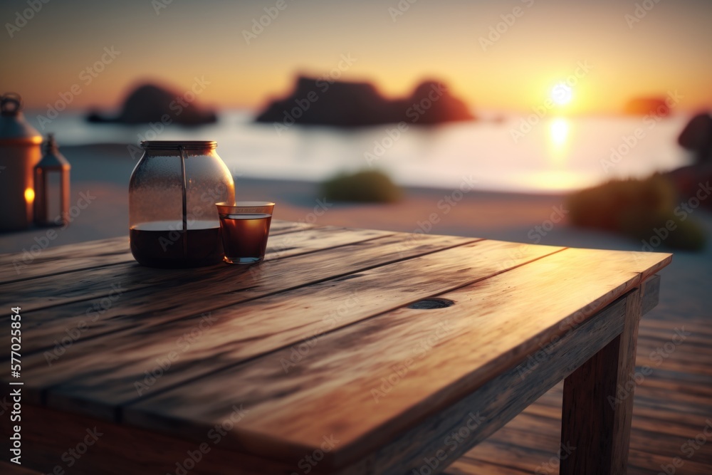 Poster a table with a lantern and a glass on it on a beach at sunset with a view of the ocean rendered in u