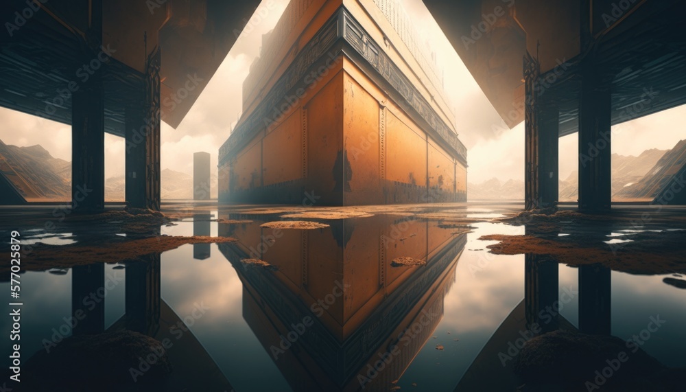 Poster a futuristic building with a reflection of it in the water and a sky background with clouds cinemati