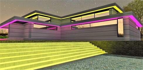 Concrete staircase painted with yellow fluorescent paint that glows at night. Looks nice in the yard of any suburban house. 3d rendering.