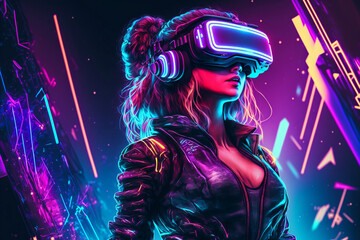 Metaverse digital cyber world technology, metaverse gameFi NFT game ideas,  Women with virtual reality VR goggle playing AR augmented reality game and entertainment, futuristic , generative AI