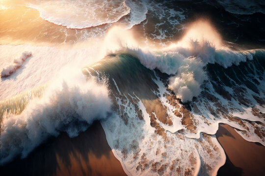 Drone shot of breaking waves on the beach. Sunrise illuminates the spray. Perfect wallpaper for the home or office. Generative AI