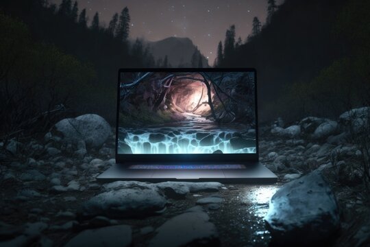 A laptop computer sitting on a rocky river bed with a glowing screen on it's screen affinity photo a computer rendering purism