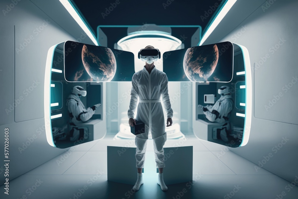 Poster a man in a space suit standing in a room with a view of planets and other objects tech wear a hologr