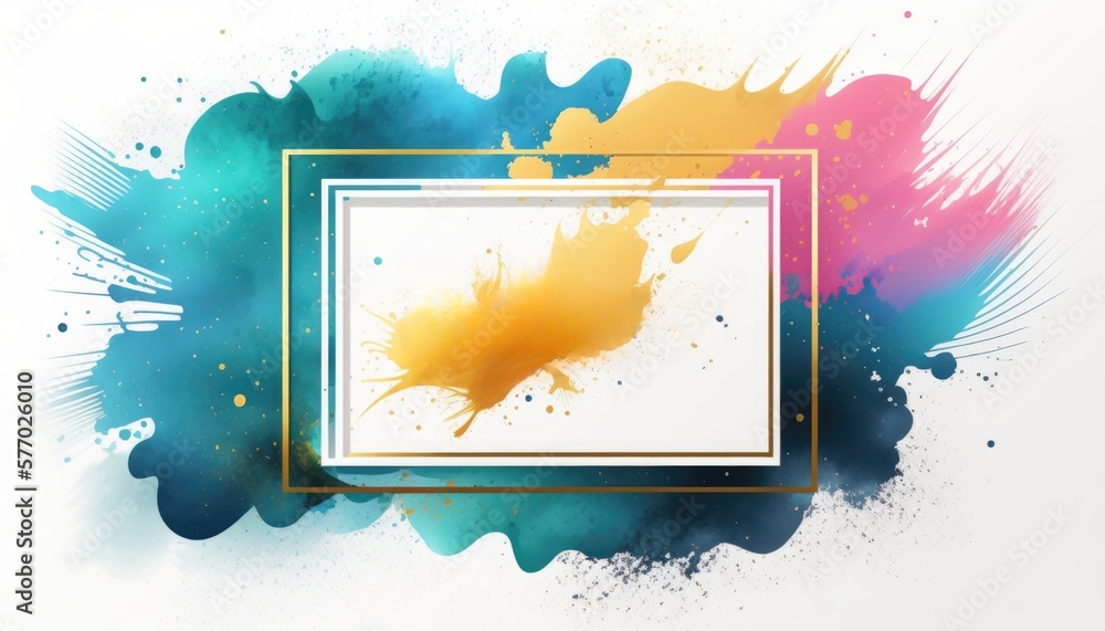 Poster a square frame with a colorful background and a gold border on it with a splash of paint professiona