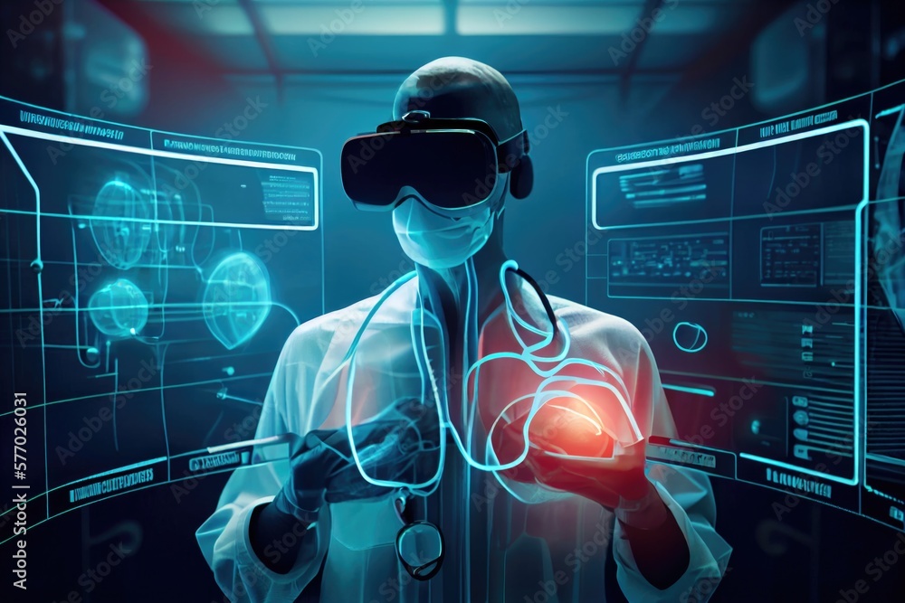 Poster a doctor in a virtual world holding a heart in his hands and a virtual interface in the background c