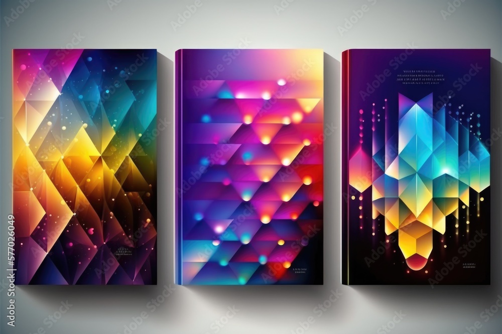 Poster three abstract banners with a colorful background and a geometric design on the front of each colorf