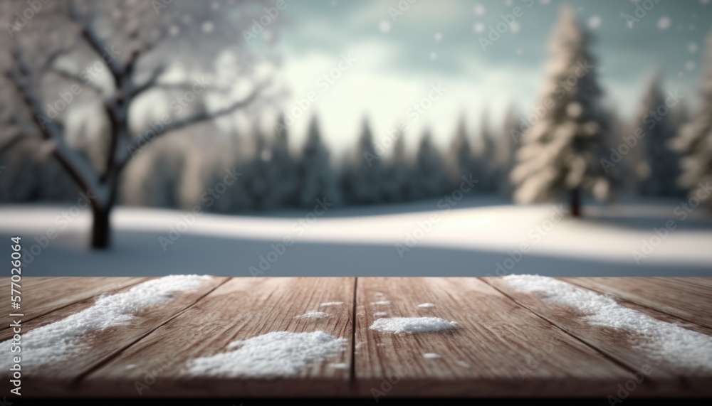 Poster a wooden table with snow on it in a snowy landscape with trees and snow flakes octane renderer an am