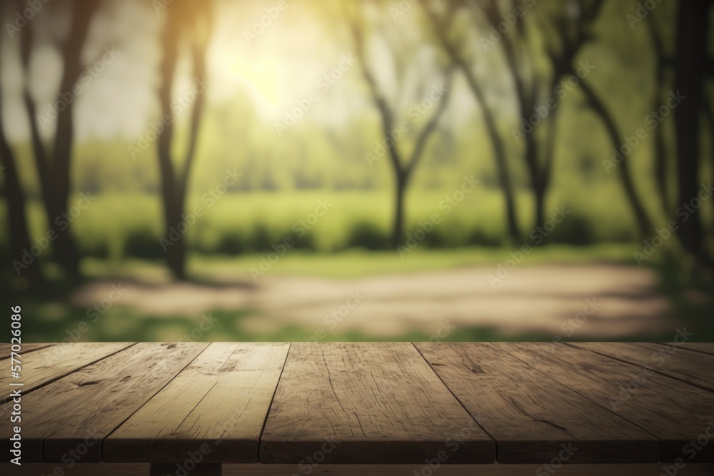 Poster a wooden table with a blurry background of trees and a path in the distance rendered in unreal 5 a 3