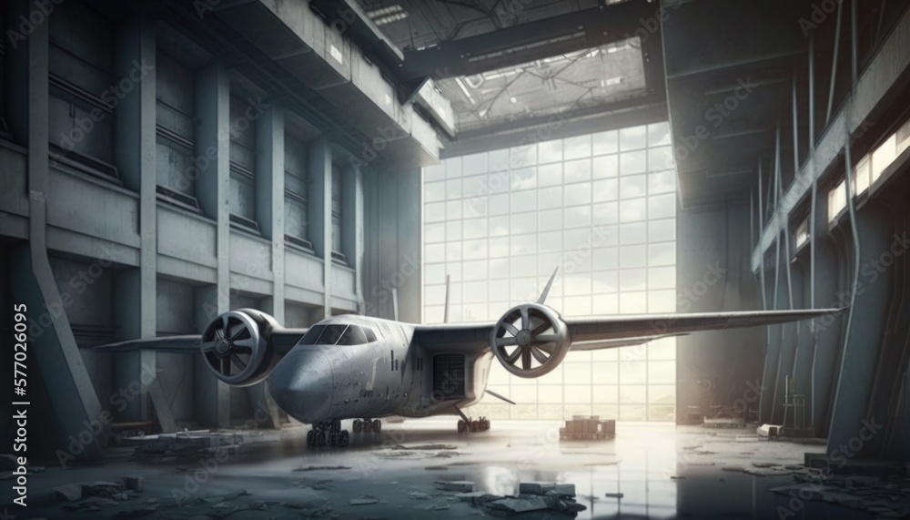 Poster a large airplane parked in a large building with a sky background and a window on the side realistic