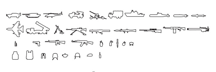 outlined weapon icons. graphic resources of various weapons.  military icons collection.