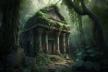 Temple ruins in jungle, Ancient temple ruins in jungle, stone building in mountain forest, Generative AI