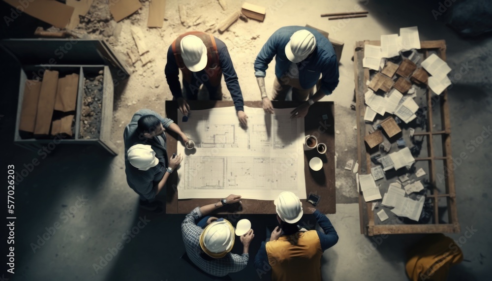 Poster a group of people standing around a table with a blueprint on it and a construction plan blueprint a